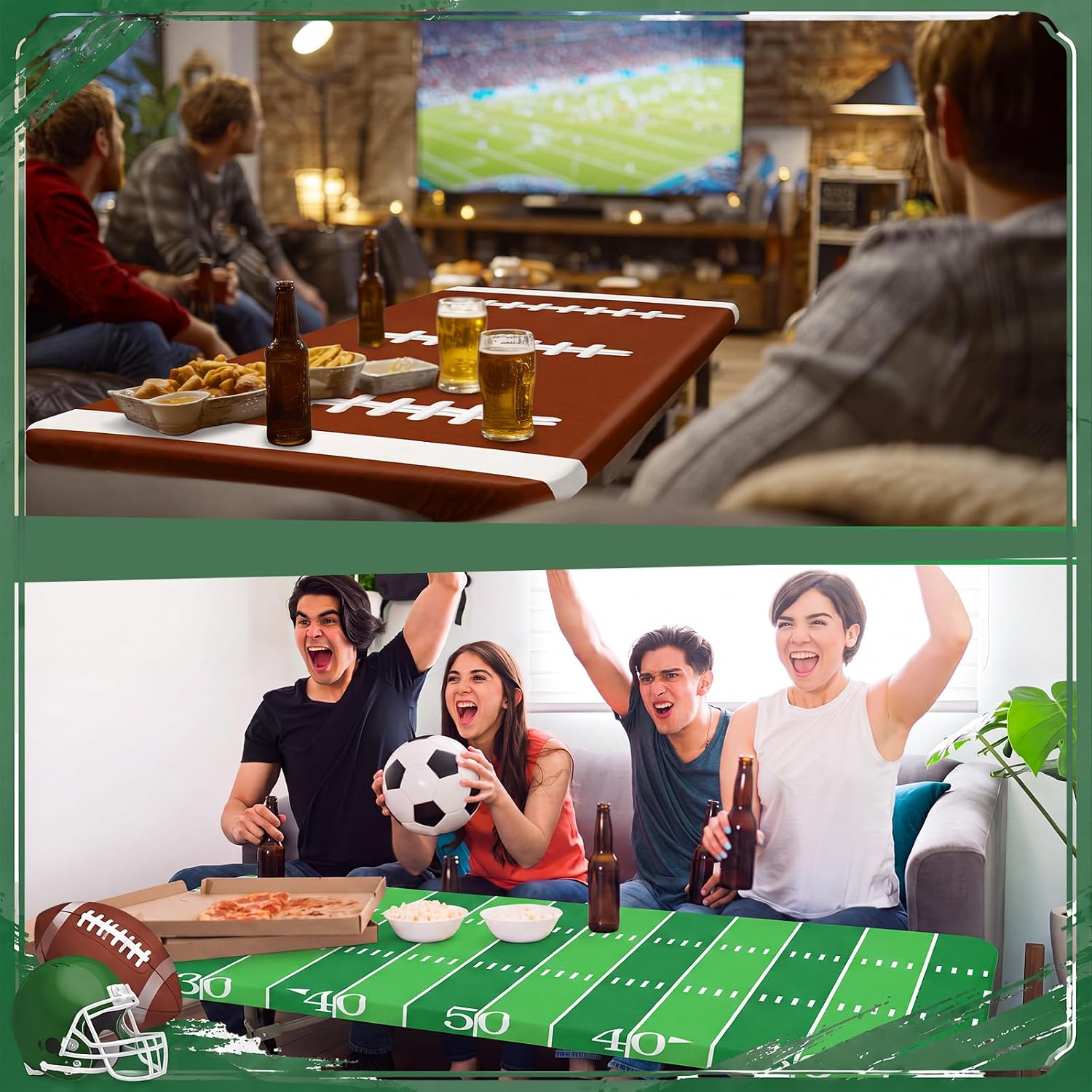 SmoothNovelty 2 Pcs Fitted Football Tablecloth with Elastic, Green & Brown