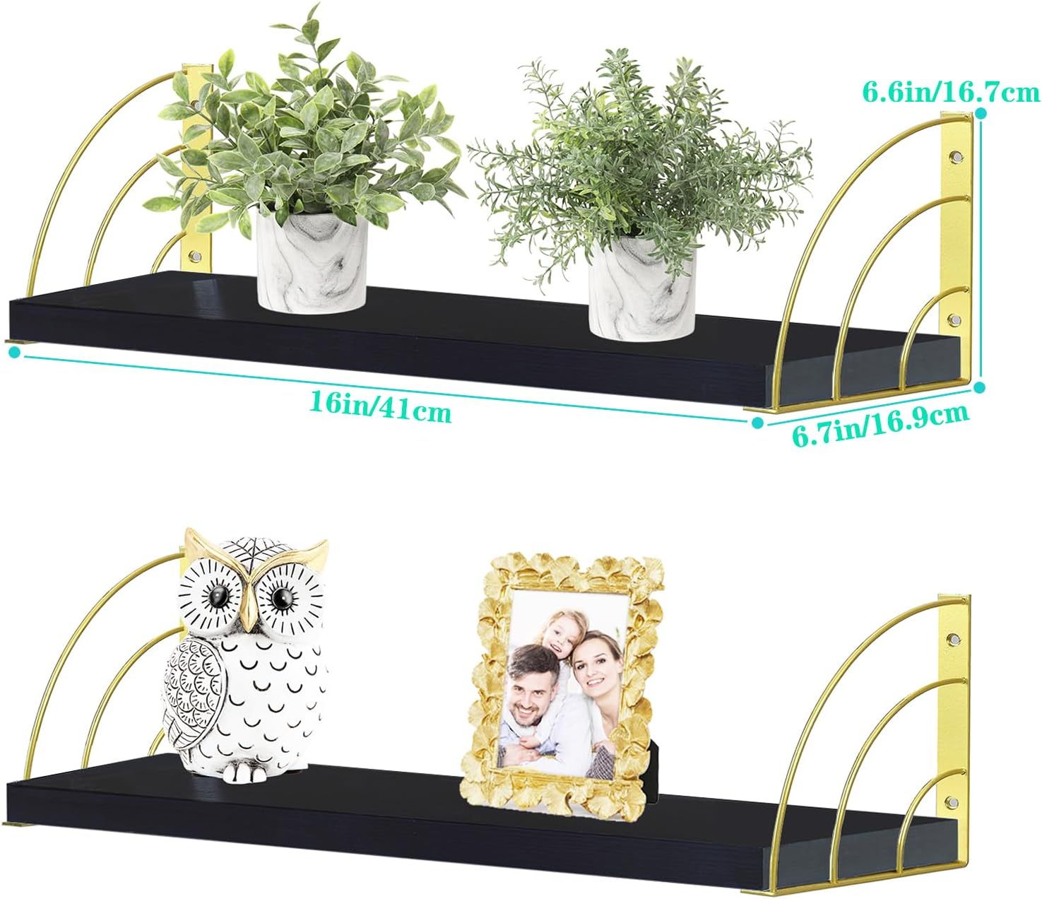 16 inch Black and Gold Floating Shelves - Curved Fan-Shaped Design with Built-in Anti-Slip Book Stops|0.71" Thicker Heavy Duty Wall Mounted Bookshelf|Book Shelf for Wall,Plants & Home Décor Set of 2