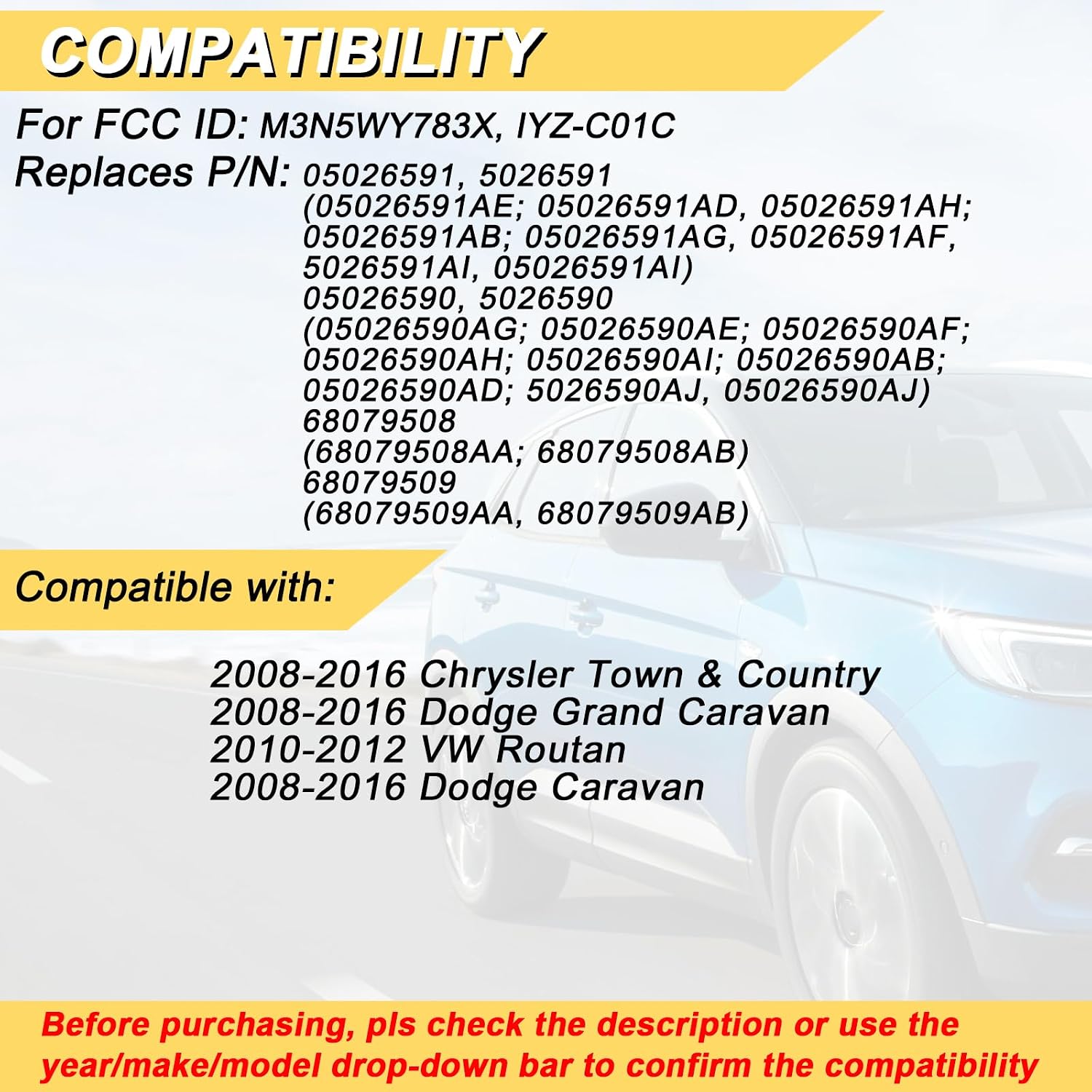 Vurkcy Key Fob Replacement for 2008-2016 Chrysler Town Country & Dodge Grand Caravan Car Keyless Entry Remote Control, M3N5WY783X IYZ-C01C, 7 Buttons, 2Pcs
