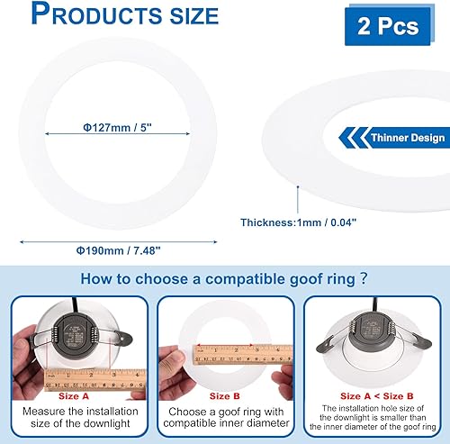 Miniatura 2 de PATIKIL Anillos de goof de 5 pulgadas de diámetro exterior de 7.48 pulgadas para luz empotrada, paquete de 2 anillos de iluminación de metal blanco