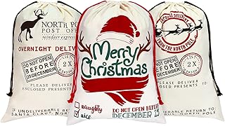 GWHOLE 3 Pack Santa Sack Christmas Santa Sacks Santa Bags with Drawstring Extra Large Christmas Burlap Gift Bags for Christmas Gifts Presents Party Favors, 27.5 × 19.7 Inch