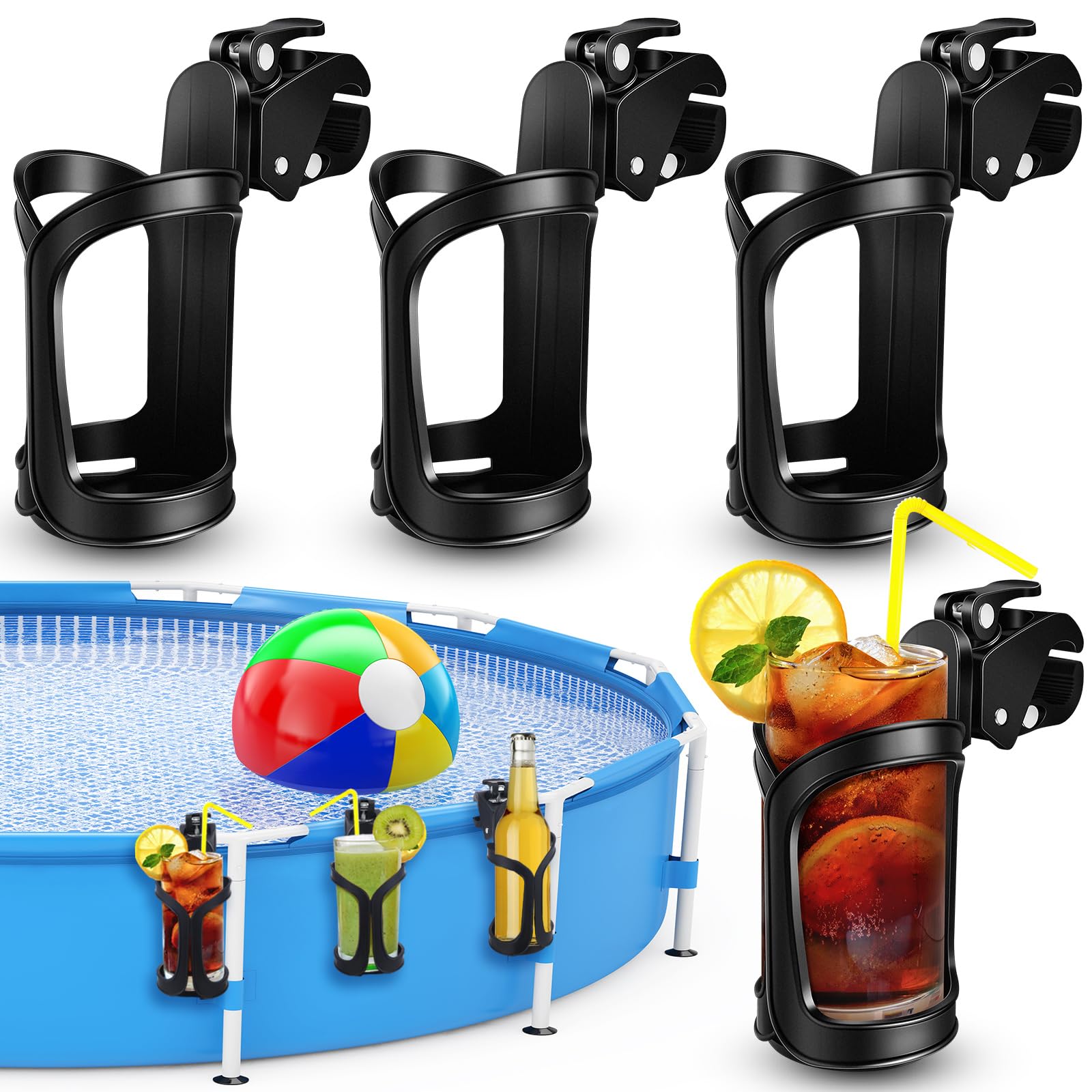Yiyiring 4 Pcs Poolside Cup Holders for Above Ground Pools Plastic Pool Cup Holder for Drinks No Spill Drink Holders for Pool Fits 2 Inch or Less Round Top Bar for Swimming Pool Accessories, Black