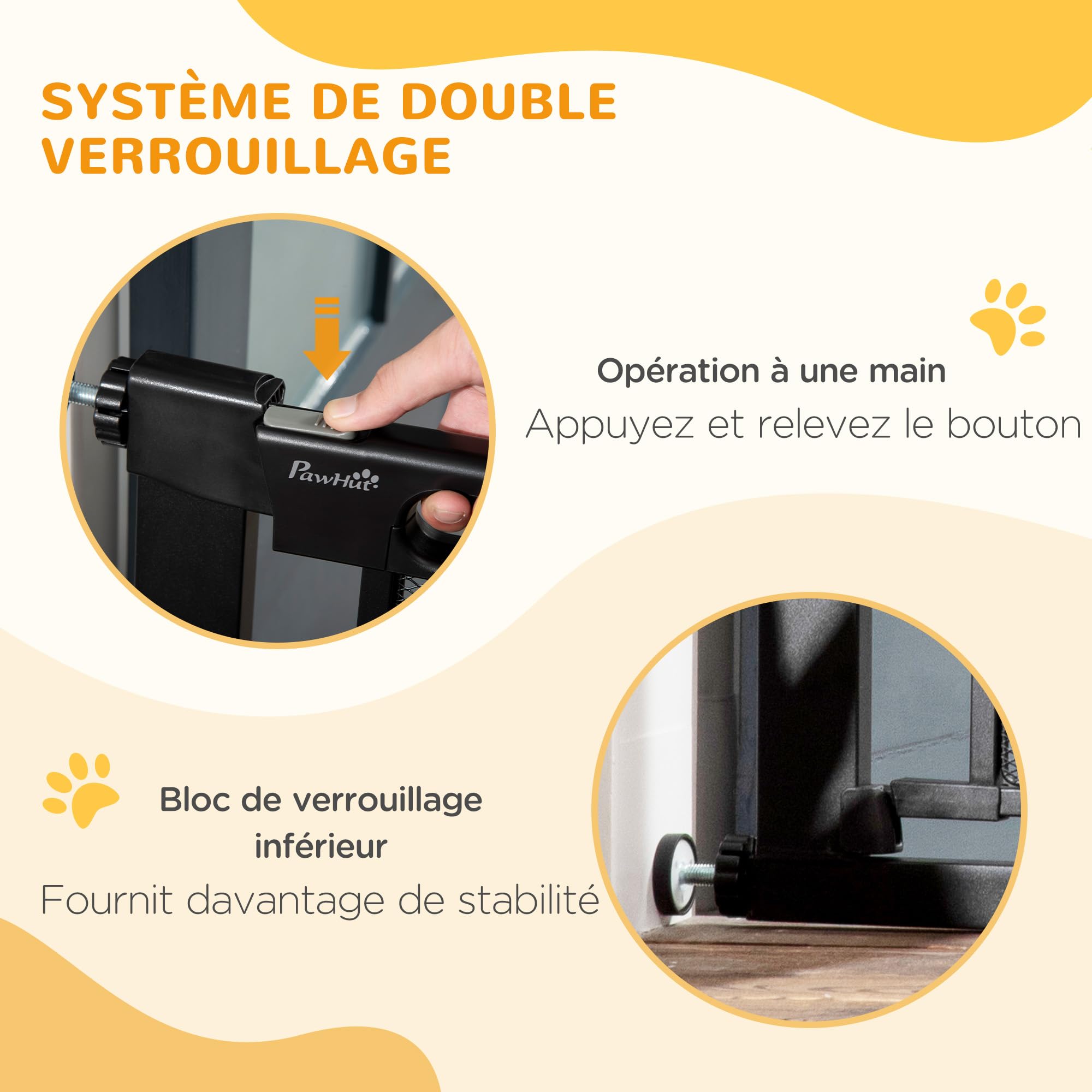 PawHut Barrière de sécurité pour Animaux Domestique avec Fermeture Automatique Double Verrouillage Largeur 75-103 cm Noir