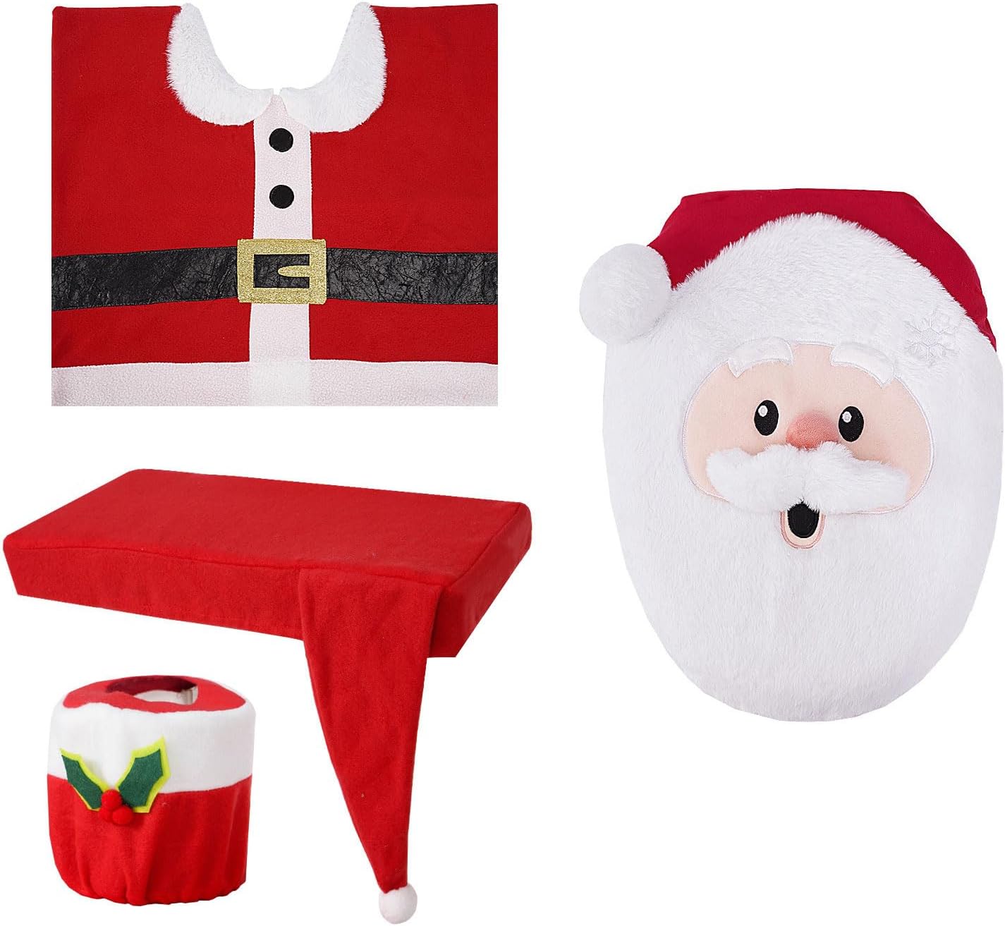 4Pcs Christmas Theme Bathroom Decoration Set W/Toilet Seat Cover Rugs Tank Cover Toilet Paper Box Cover for Toilet Cover