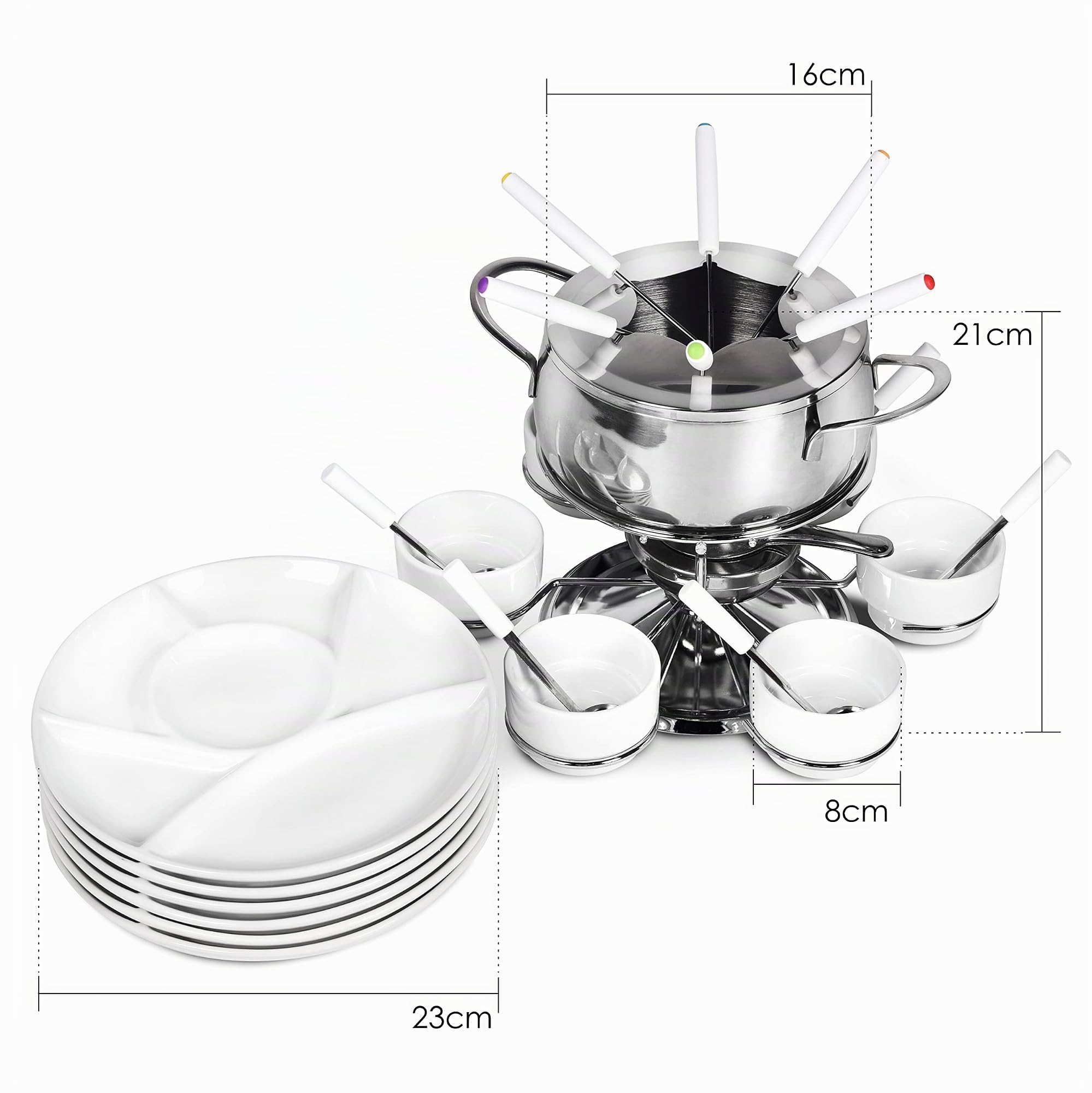 Ribelli Service à Fondue de 28 Pièces en INOX, 6X Fourchette, Cuillère, Assiette, Bol de Fondue au Fromage, Fondue à la Viande, pour 6 Personnes