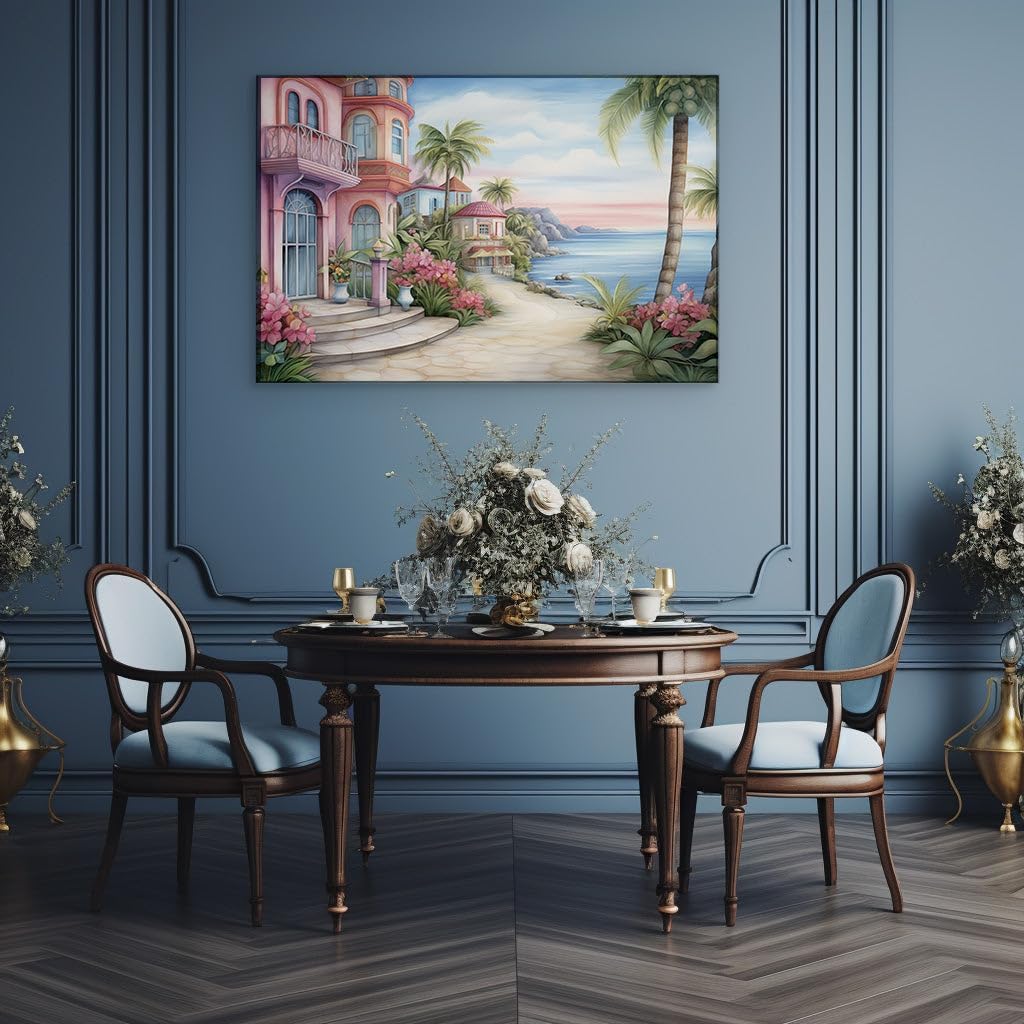 Canvas for Living Room. Strolling Through Tranquility: A Pathway Amongst Colorful Houses and Palms by a Serene Seascape at Sunset, 27 x 18 inch Canvas Wall Art - Modern Home Decor