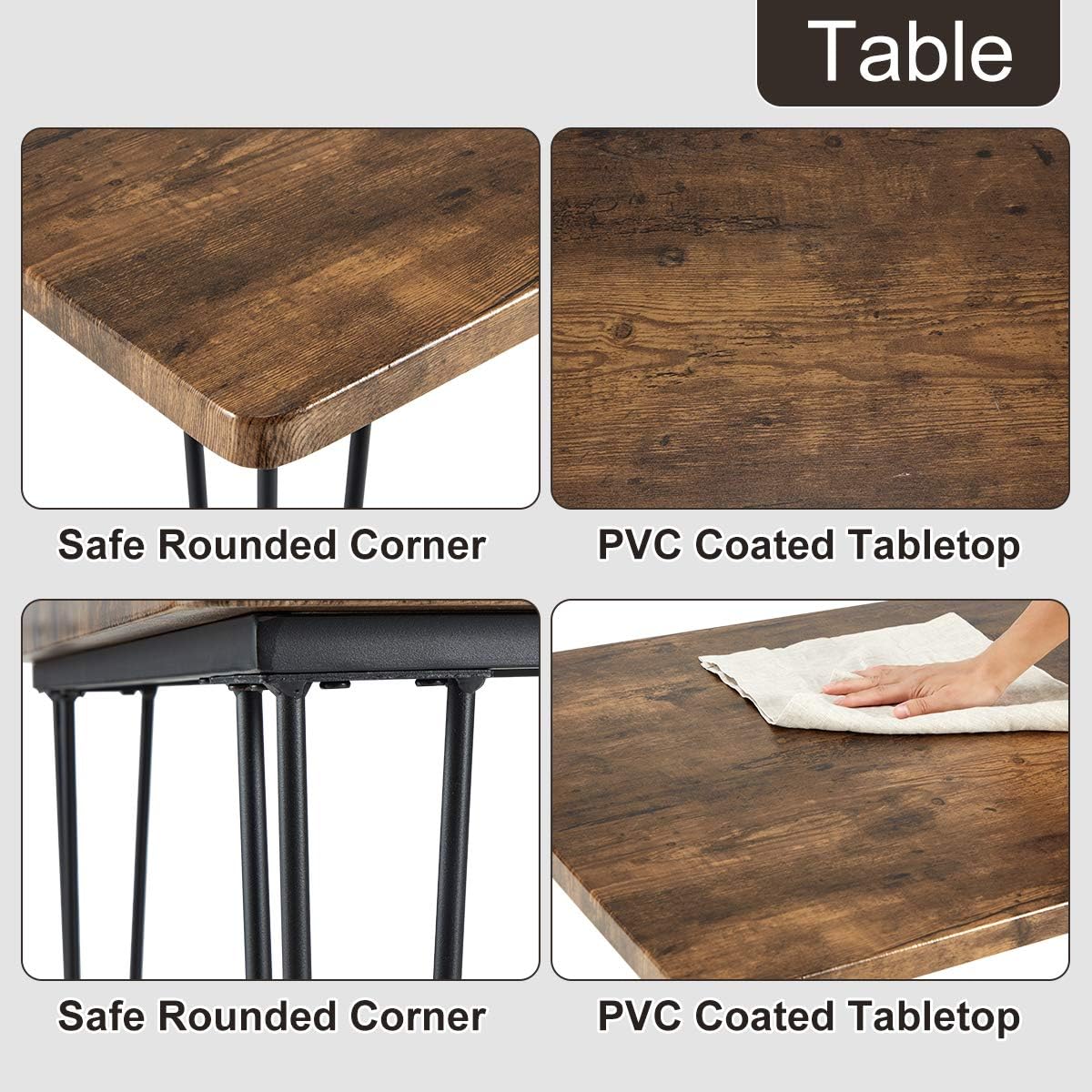 MELLCOM 5-Piece Dining Table Set with 4 Benches Modern Compact Iron Frame MDF Board, PVC Chairs Set for Home, Bar, Kitchen 4 Person Brown