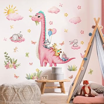 Large Dinosaur Wall Decals Watercolor Dinosaur Dino Footprints Palm Leaf Peel and Stick Wall Art Stickers for Baby Kids Boys Girls Toddler Nursery Room Playroom Classroom Wall Decoration Pink