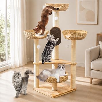 SHODMI 55-Inch Cat Tree for Large Indoor Cats with 4 Handwoven Basket Beds | Solid Rubberwood Frame, 7 Extra-Thick Sisal Scratching Posts 8 cm, Vertical Scratch Board, Warm Plush & Woven Cooling Mats