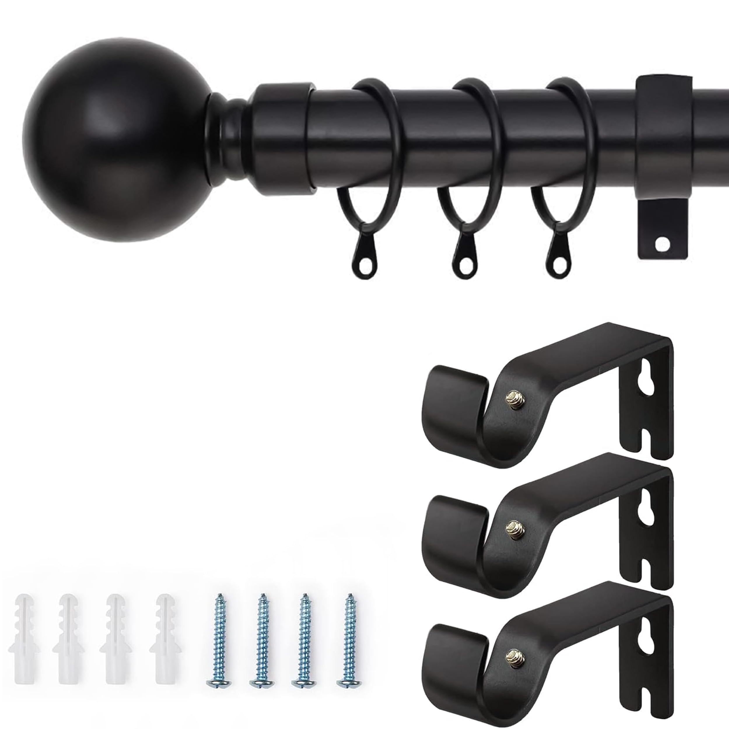 AMEHA Curtain Poles Plain Metal Ball Extendable Curtain Pole Includes Adjustable Curtain Rod, 60 mm Finials, Rings, Brackets and Fitting Set (120-210cm, 48 Inch to 84 Inch, Matte Black)
