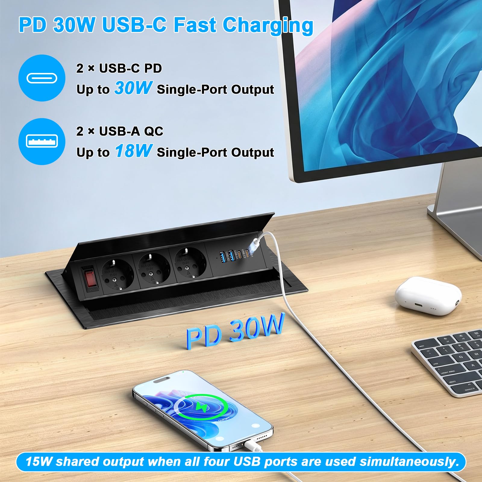 Alpheus Presa a scomparsa a 3 vie, USB-C PD30W, alluminio, nero