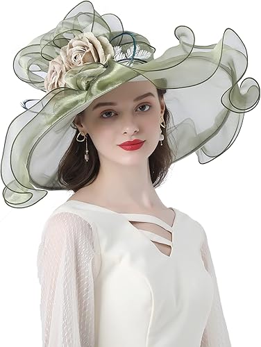 Sombrero de organza para mujer, diseño de flores de organza para fiesta de té, tocado de ala ancha