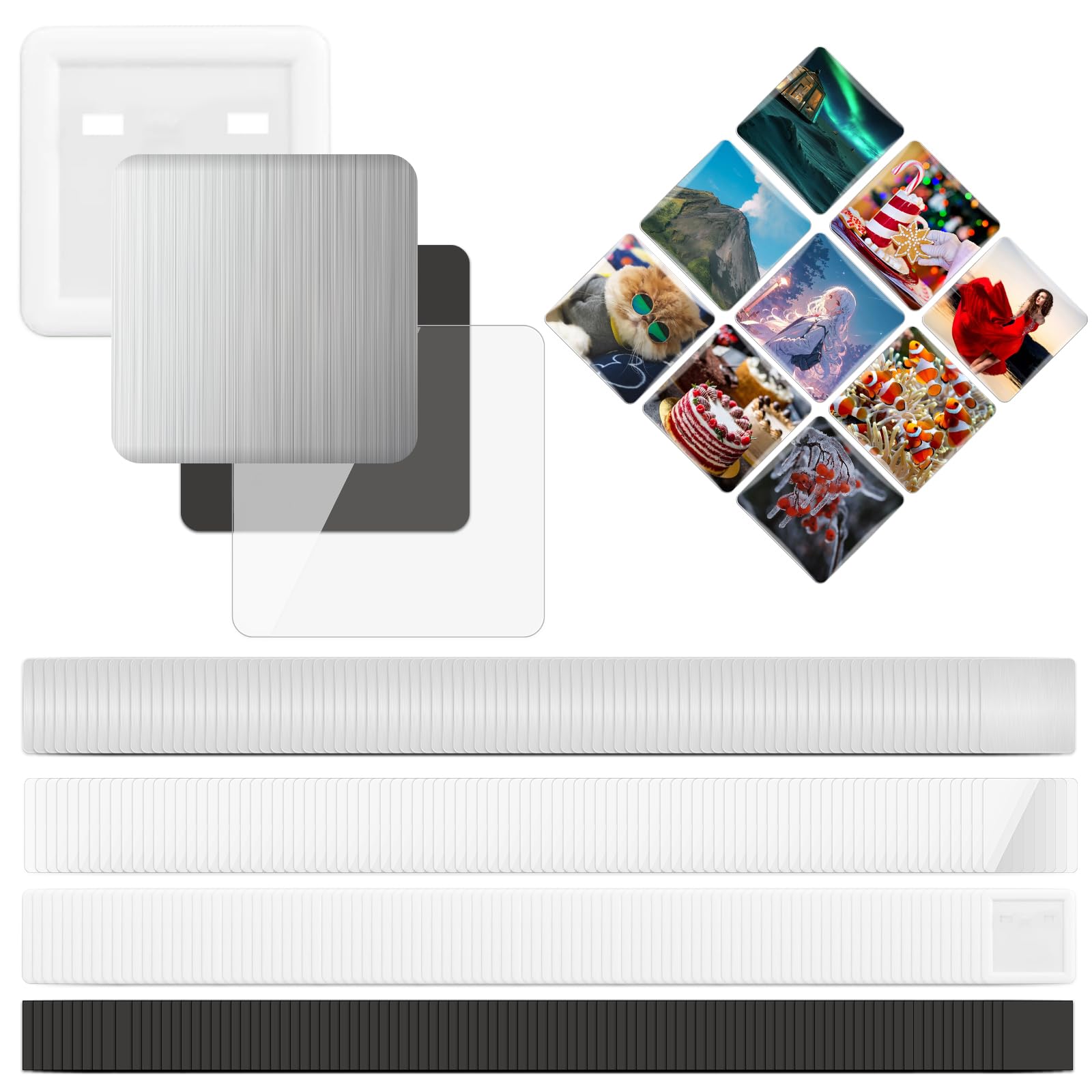 Lot de 100 aimants de réfrigérateur - 50 mm - Boutons carrés magnétiques doux - Consommables pour loisirs créatifs (coque en métal, coque arrière en plastique, aimant souple, film transparent)