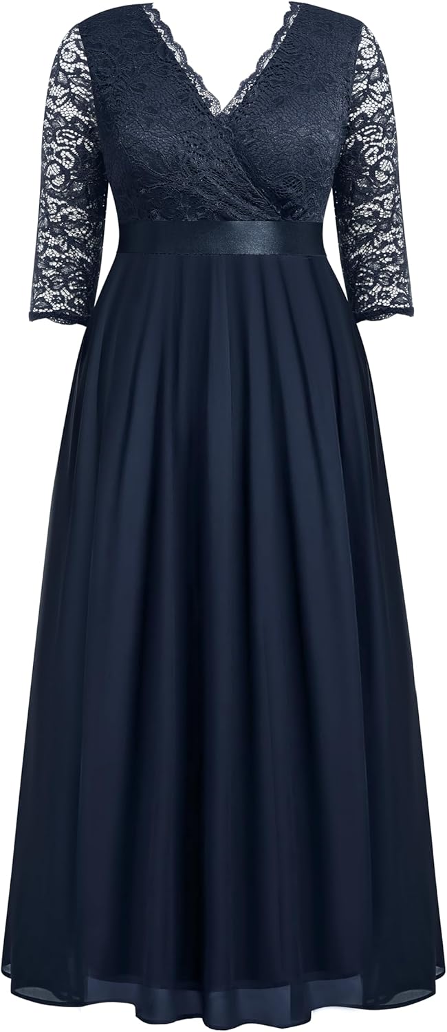 Pinup Fashion Wedding Dresses for Bride Plus Size - Formal Evening Gown Wrap Neck Lace Chiffon Long Dress - Image 3