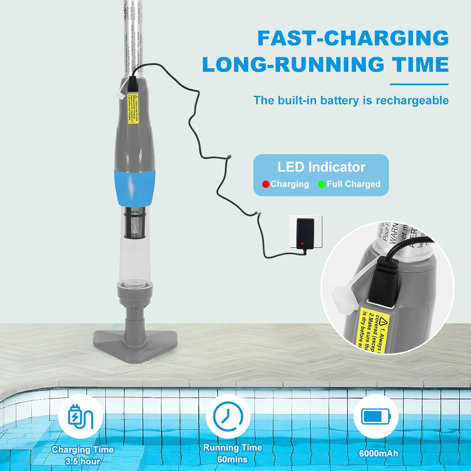3 in 1 Cordless Rechargeable Pool Vacuum, Handheld Pool Cleaner Ideal for Spas, Hot Tubs and Small Pools for Sand and Debris