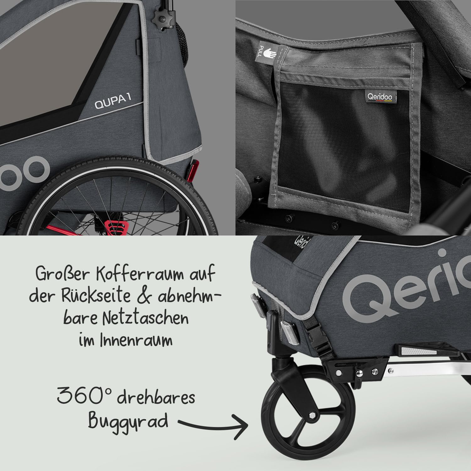 Remorques de vélo de Marque QERIDOO Modèle Kinderfahrradanhänger & Buggy QUPA 1 für 1 Kind mit Kupplung, Blattfeder-Dämpfsystem (BIS 50 kg) - Gris