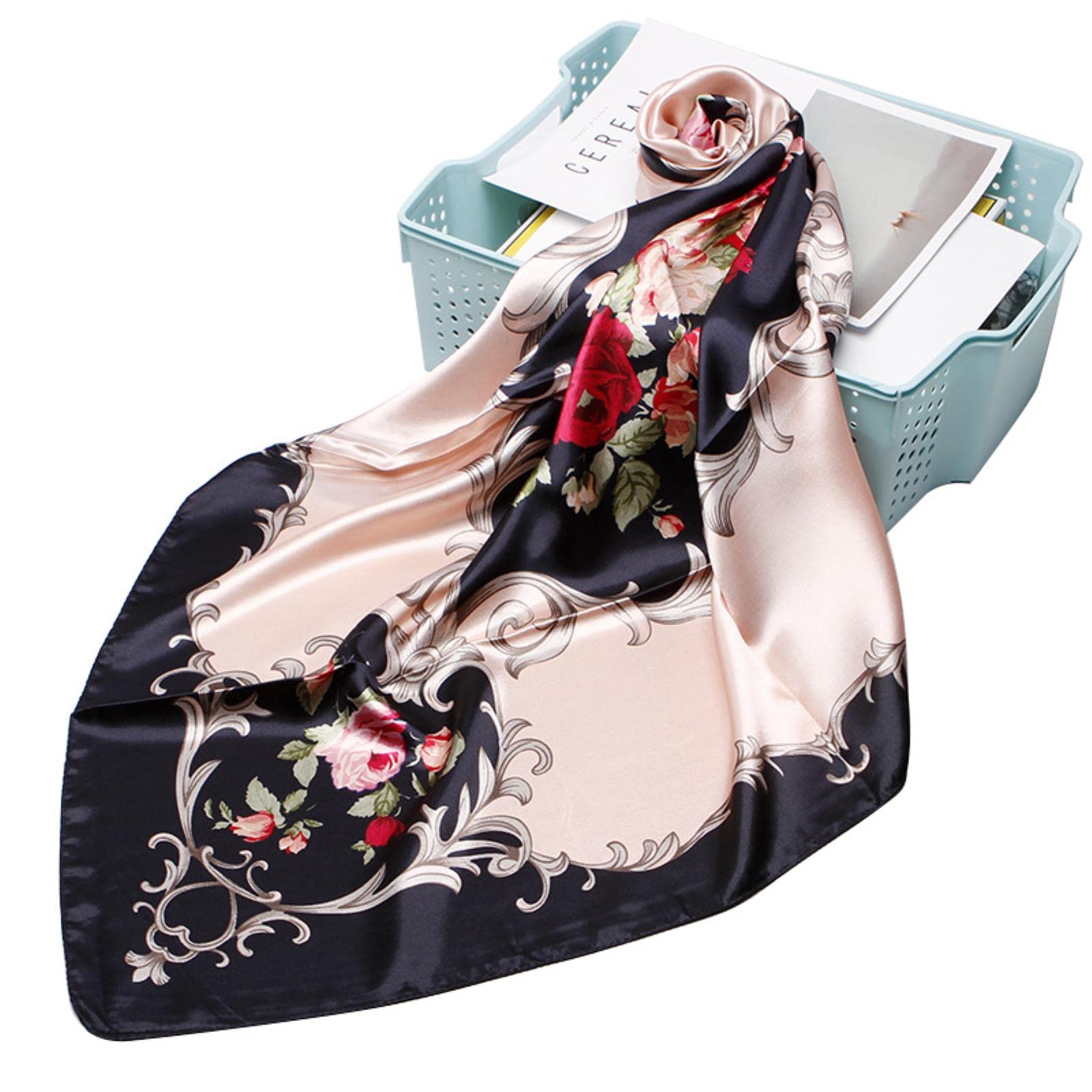 Bufanda Moda Estampado Floral Pañuelo para el Cabello para Mujer Pañuelo Seda Satén Hijab Bufandas 90 * 90Cm Chal Cuadrado Diadema Bufandas para Damas (Azul Cielo 90X90cm)