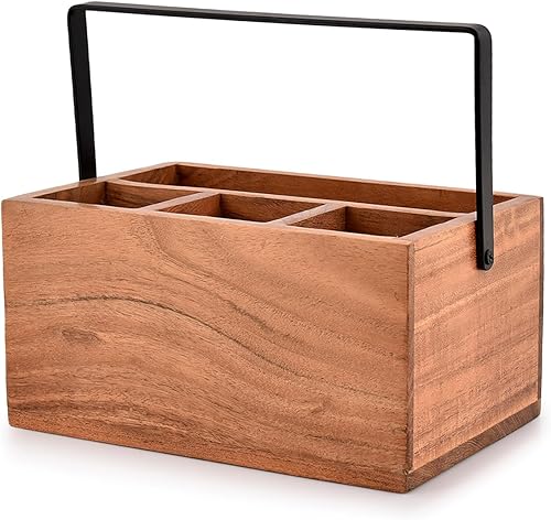 Miniatura 2 de NIRMAN Acacia - Organizadores de cubiertos con asa para decoración de cocina de granja, organizador de encimera y almacenamiento de utensilios de