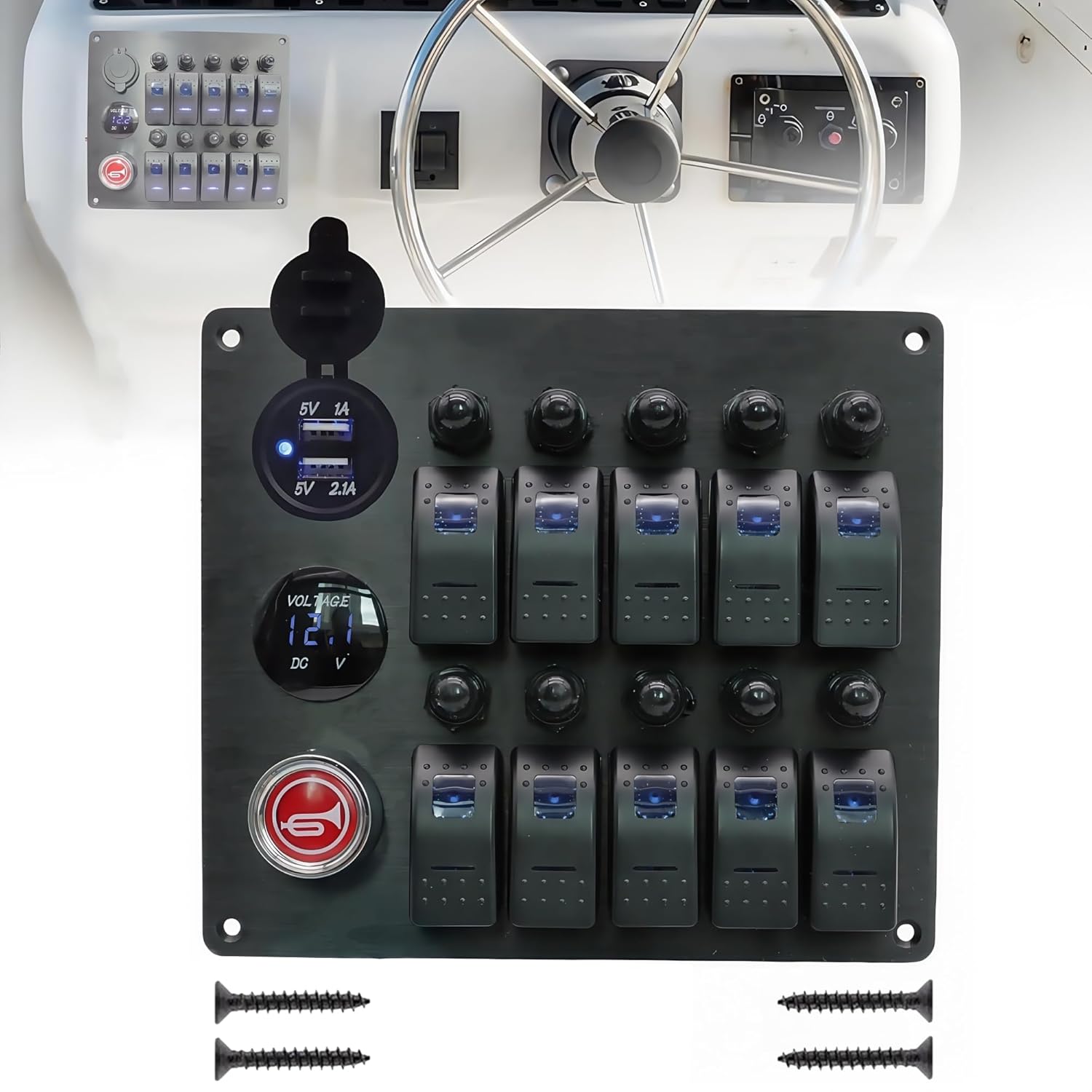 10 Gang Marine Rocker Switch Panel LED Voltmeter Car Horn Button 12V 24V DC Dual USB Power Outlet Socket Boat Toggle Switch Panel Waterproof with Breakers for Truck Automotive RV (Blue)