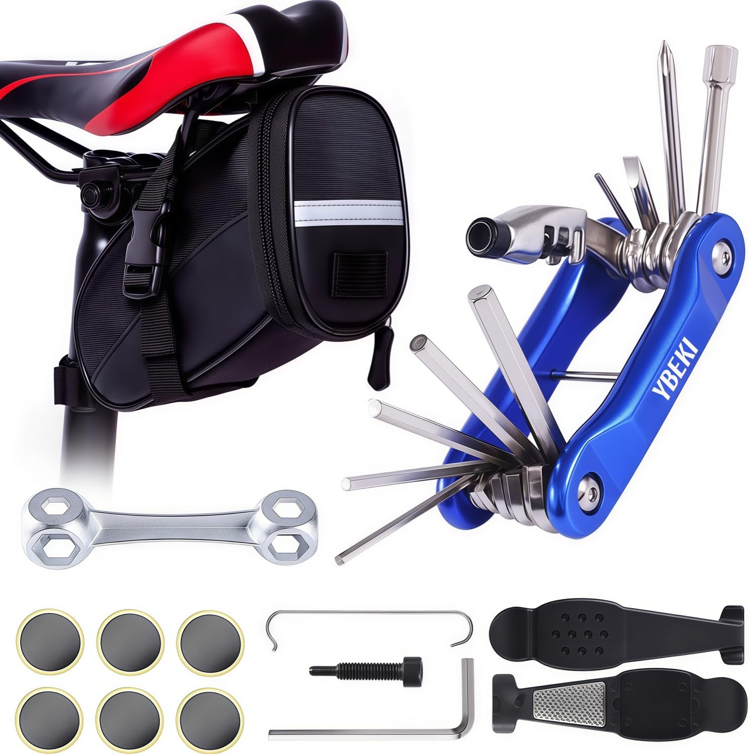 YBEKI Bicycle Repair Kit - 3-in-1 Tyre Lever with Glueless Patches, Multitool with Chain Riveter & Waterproof Saddle Bag - For Road Bike, Mountain Bike (Blue Saddle Bag Tool Set)