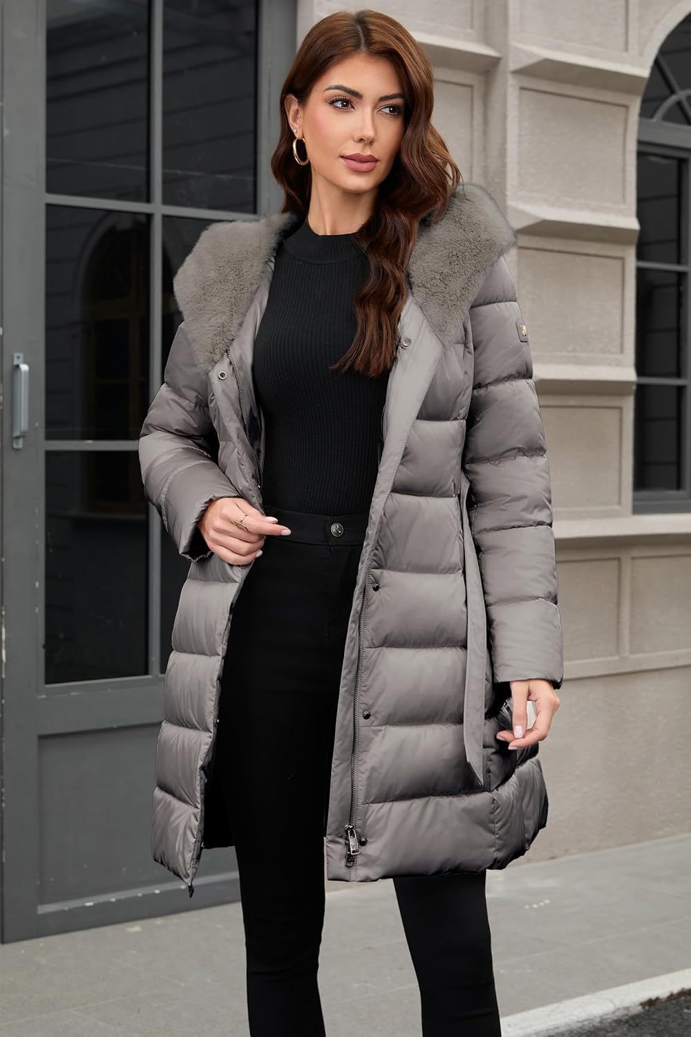 PAPILLON D'OR WEAR YOUR WINGS Women's Long Puffer Coat with Belt, Hood & Furry Lining - Knee-Length Winter Jacket - Image 3