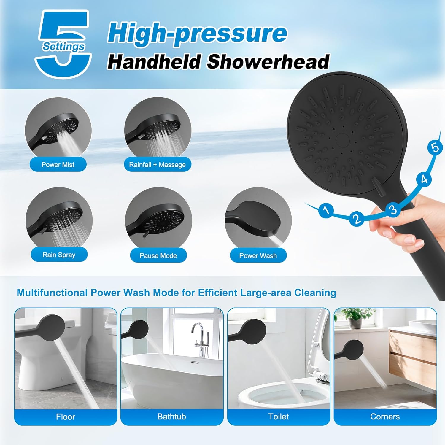 10" Black Rain Shower Head with Handheld, High Pressure Boosting Rainfall Showerhead with All Metal Adjustable Extension Arm, Easy Reach Shower Holder, 5 Spray Modes with Power Wash, Easy to Install