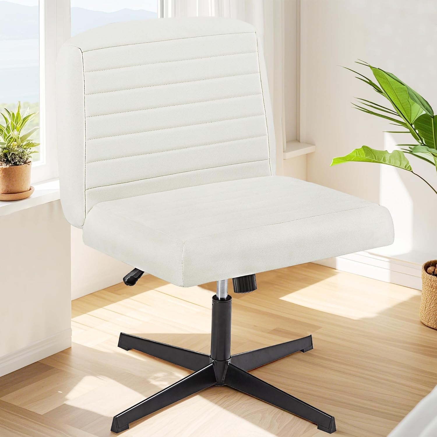 VECELO Armless Criss Cross Chair Legged No Wheels, Swivel Height Adjustable Fabric Wide Seat for Make Up/Bedroom/Small Space Beige