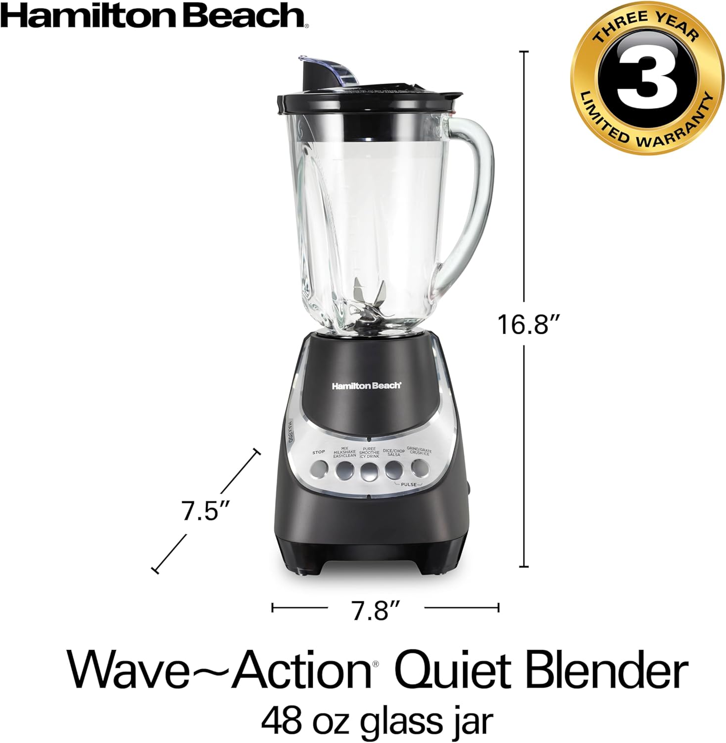 Hamilton Beach Wave~Action Quiet Blender, 48 oz. Glass Jar, 12 Blending Functions, Black, R53530 (Renewed)