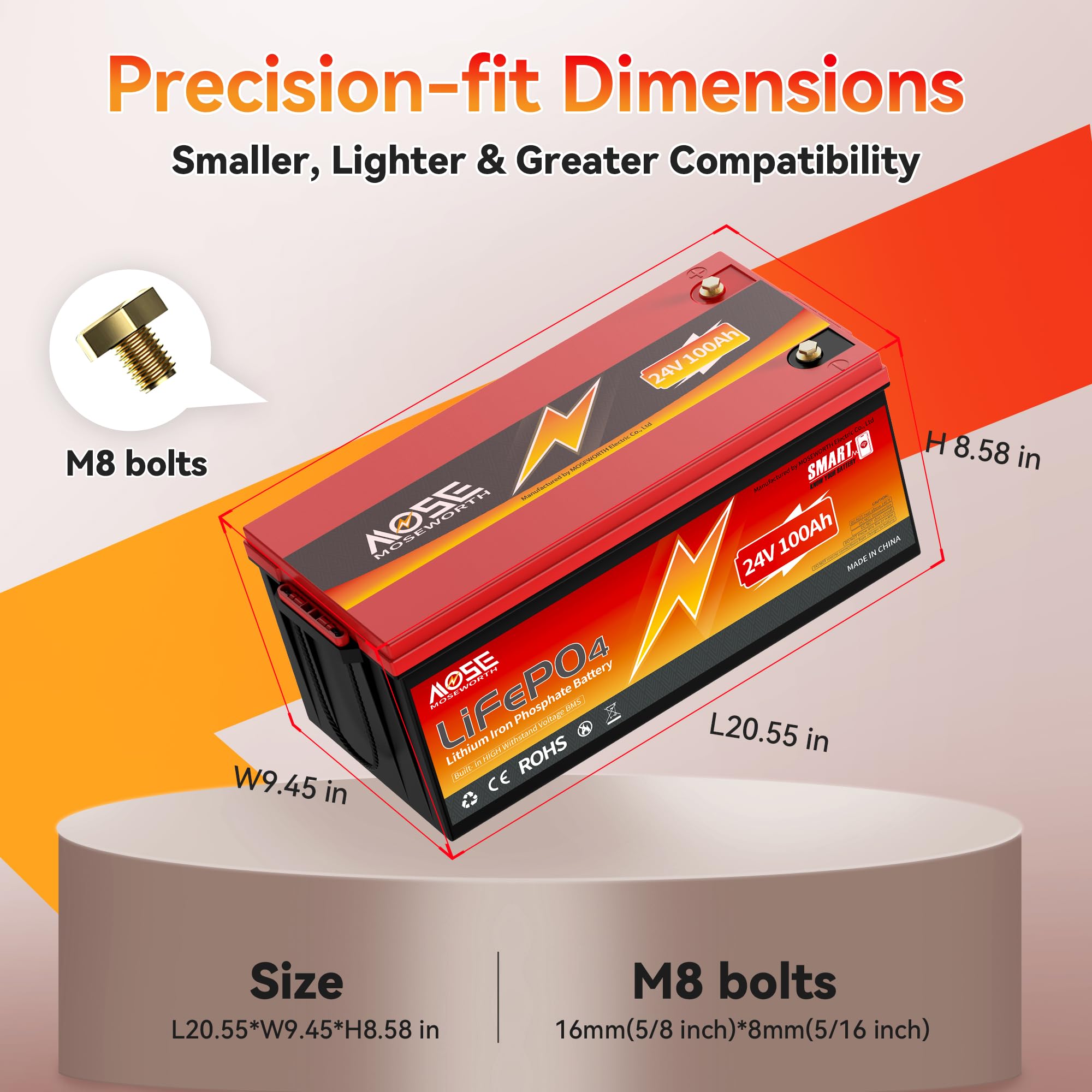 Batteria al litio LiFePO4 da 24 V, 100 Ah con Bluetooth - BMS da 100 integrato, protezione a basse temperature, 4000-15000+ cicli - Celle di fosfato di ferro al litio di grado A, per motore da traino
