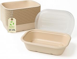 50 Stück Bagasse Schalen 700 ml mit PET-Deckel – Einweg To-Go Bowls aus Zuckerrohr – Kompostierbar, fettresistent, mikrowellengeeignet – Für Zuhause, Catering & Takeaway