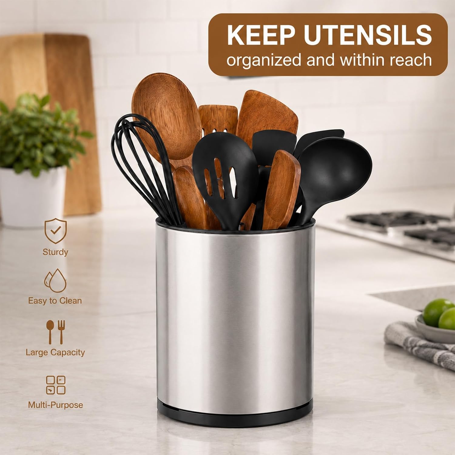 Extra Large Stainless Steel Kitchen Utensil Holder, 360° Rotating
