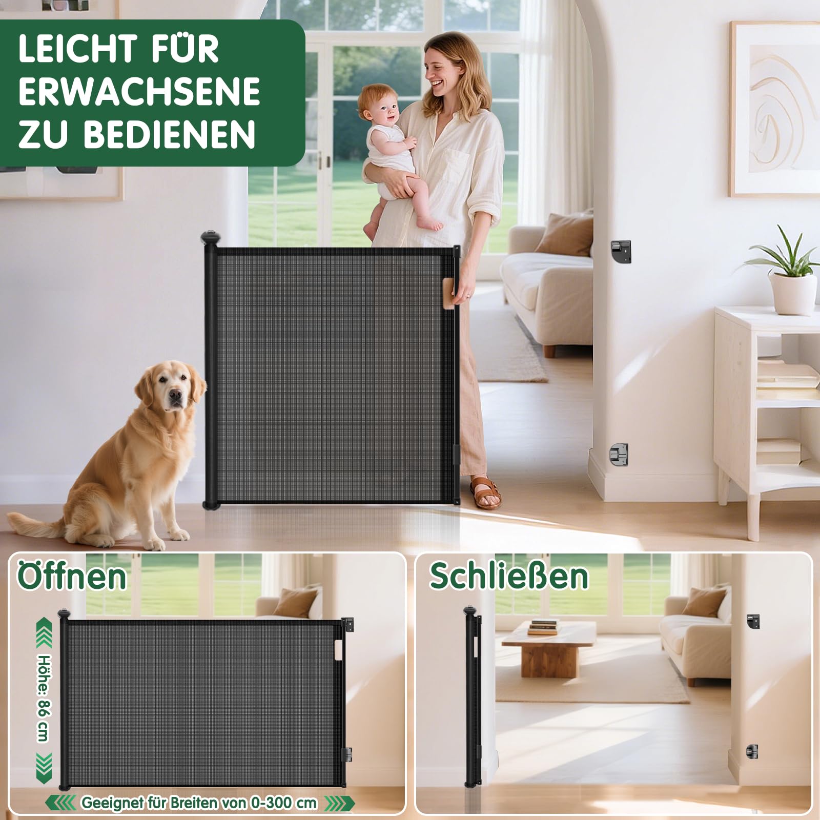 Türschutzgitter Ausziehbar mit Stützstangen Treppenschutzrollo (Schwarz, 300cm-1. Serie)