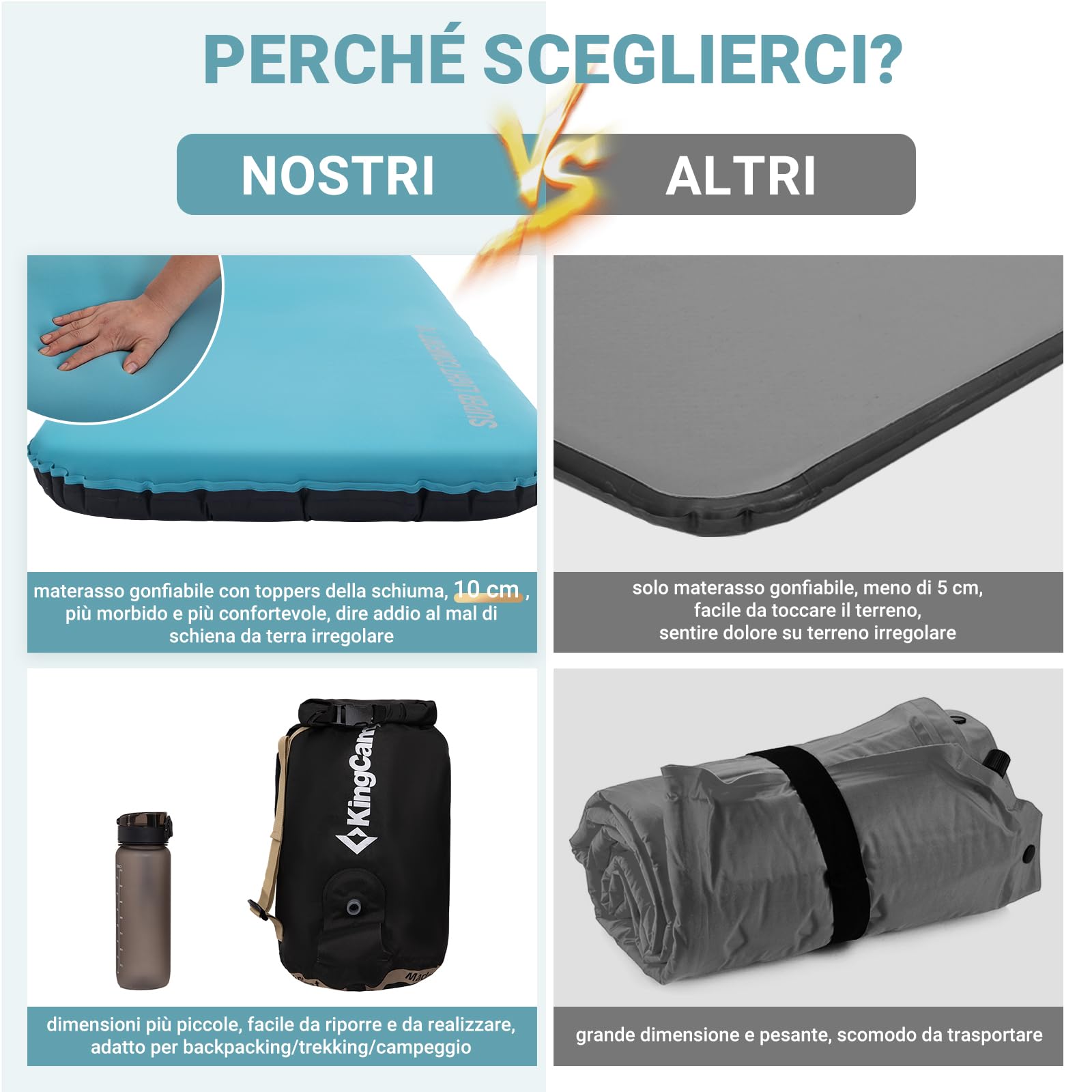 KingCamp Materassino gonfiabile da campeggio Memory Foam Materassino da campeggio singolo 10cm spessore Materassino gonfiabile morbido 50D TPU elastico impermeabile per escursioni zaino