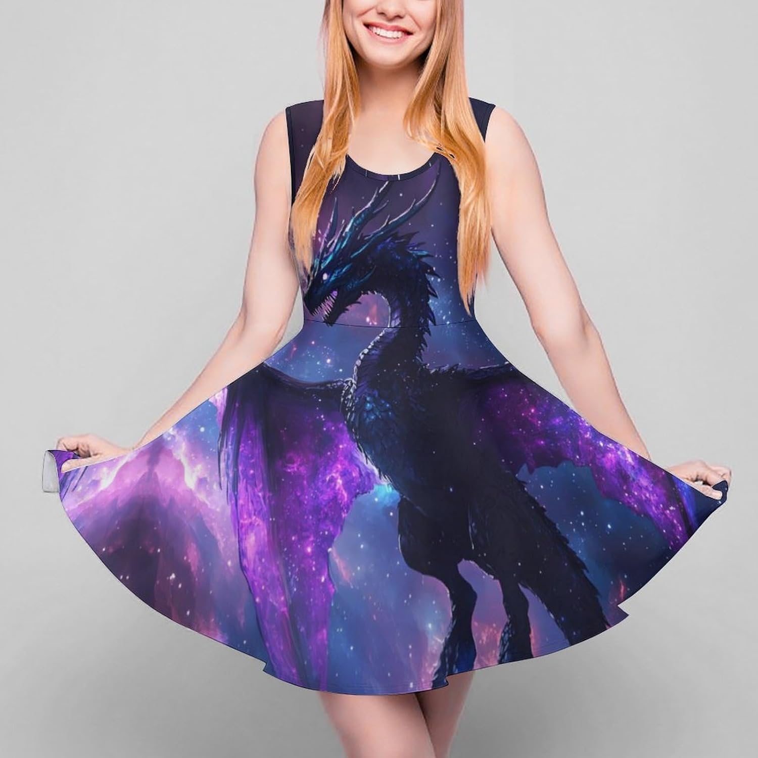 Purple Dragon Fantasy Animals Women's Dresses Round Neck Dress Sleeveless Tank Dress Ruffle Hem Sundress