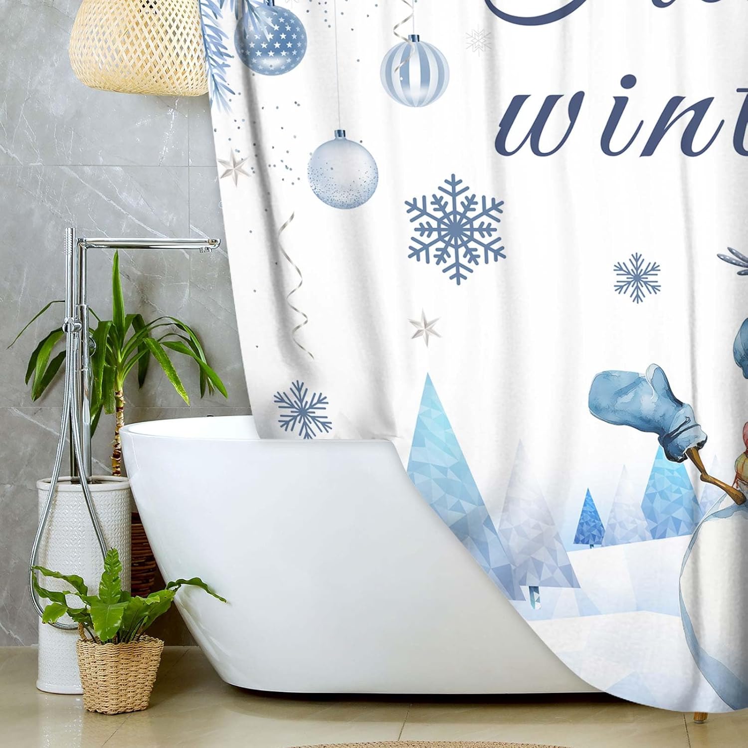 JAWO Winter Christmas Snowman Shower Curtain for Bathroom, Hello Winter Christmas Balls Blue Snowman Pine Snow Scenery Shower Curtain Set, Xmas Polyester Fabric Bath Curtains with Hooks,72X78