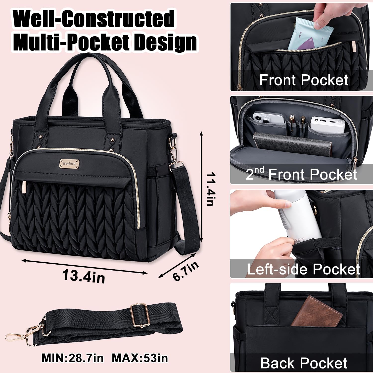 Weitars Insulated Lunch Bag for Women,Leak Proof Lunch Box for Work,Extra Large Lunch Tote Bag With Removable Shoulder Strap with Side Pockets,Reusable Lunch Bag For Picnic Hiking (Black-02) - Image 4