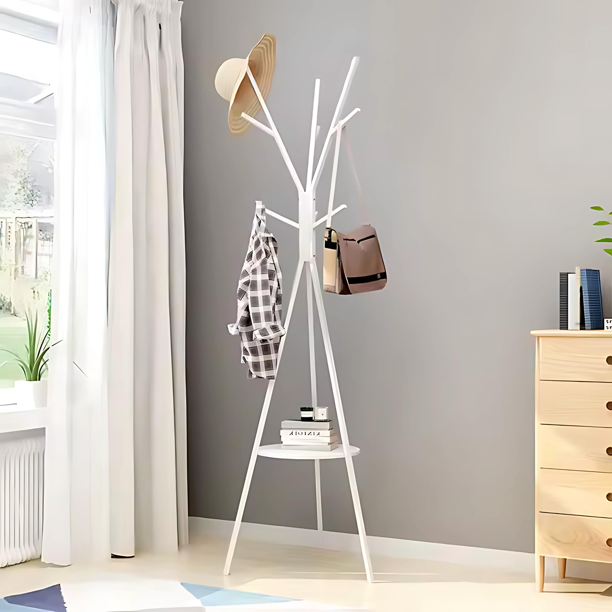 Appendiabiti da Terra Design Moderno, 180 cm, 9 Ganci, con Ripiano, Struttura in Metallo (Bianco)