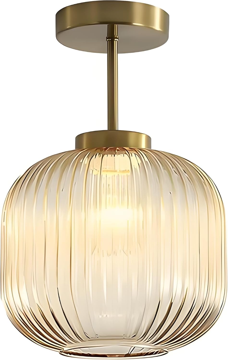 Vintage Brass & Glass Flush Mount Pendant Light, Minimalist Ceiling Lamp, E26 Chandelier for Bedroom, Hallway & Living Room Décor (White)