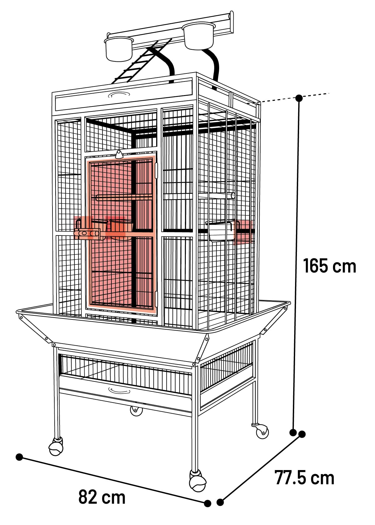 Flamingo Gabbia per uccelli - Voliera - Paolo Antracite – 82×77,5×165 cm – 4 posatoi in legno, 5 mangiatoie, chiusura di sicurezza, ampia porta frontale, tetto con scala e posatoio