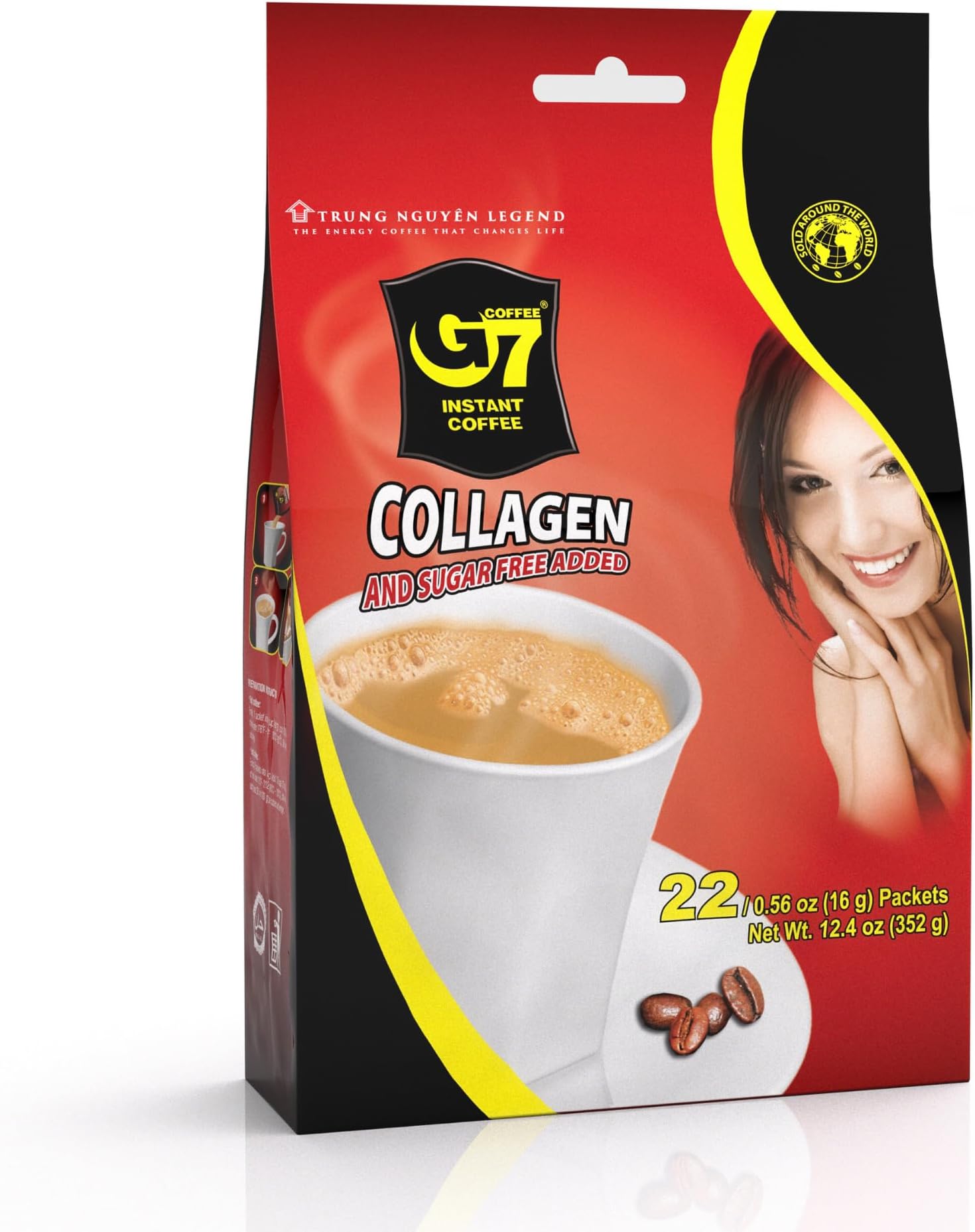 TRUNG NGUYEN G7 3-IN-1 COLLAGEN ADDED & SUGAR FREE Instant Coffee for Energy Boost - Collagen Added, Low Caffein & Diet Sugar - Strong and Pure Vietnamese Instant Coffee (22 Sachets/Bag)