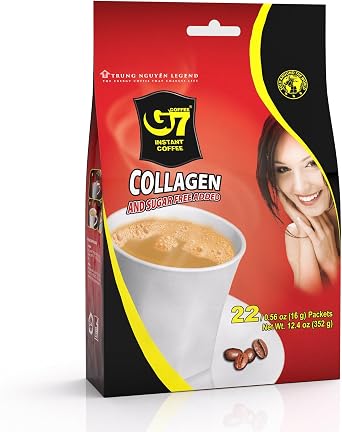 TRUNG NGUYEN G7 3-IN-1 COLLAGEN ADDED & SUGAR FREE Instant Coffee for Energy Boost - Collagen Added, Low Caffein & Diet Sugar - Strong and Pure Vietnamese Instant Coffee 22 Sachets/Bag