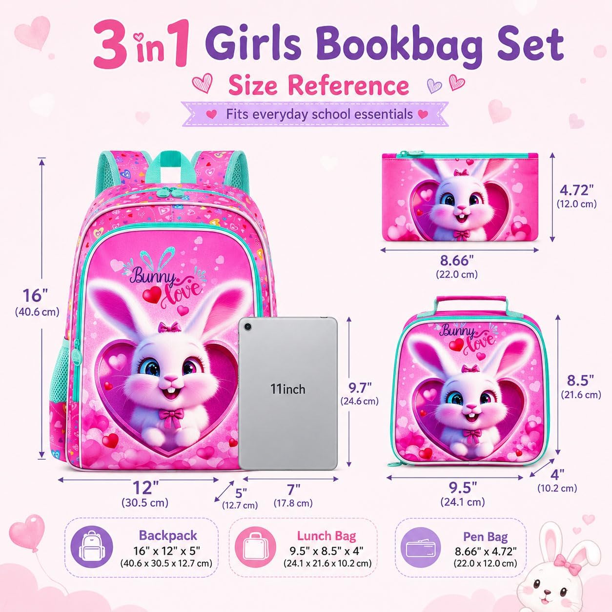 16" Backpack for Girls Boys 4-8, 3Pcs Kids Bookbag Set with Lunch Box, School Bag for Preschool Kindergarten image 4