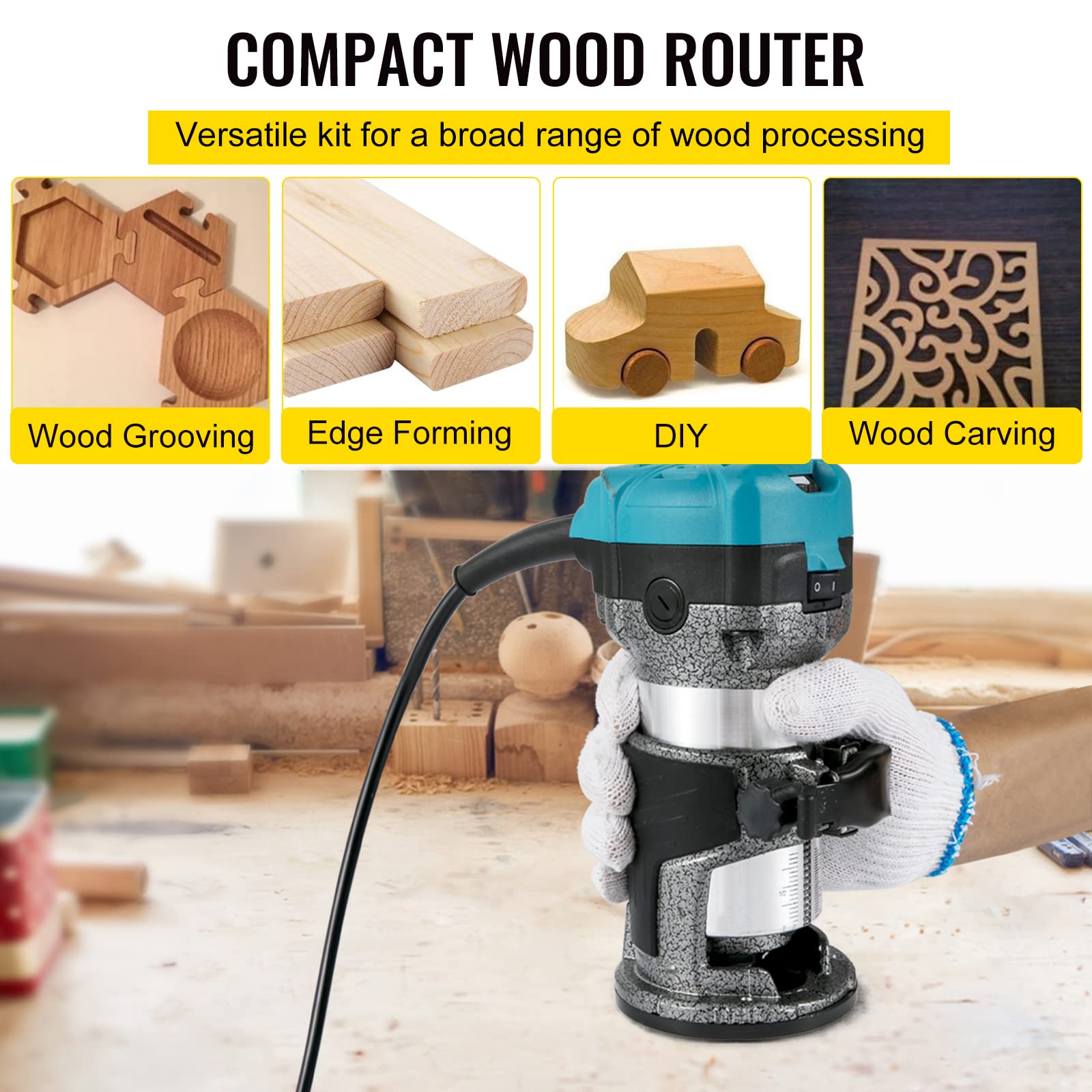 VEVOR Elektrik Hand Holz Oberfräse 800 W, Einhand Oberfräse 30000 U/min, Holz Kantenfräse, 3 Spannzangen, Soft-Start, Aluminiumlegierung, Drehzahlregelung, Elektrische Oberfräse Holzbearbeitung