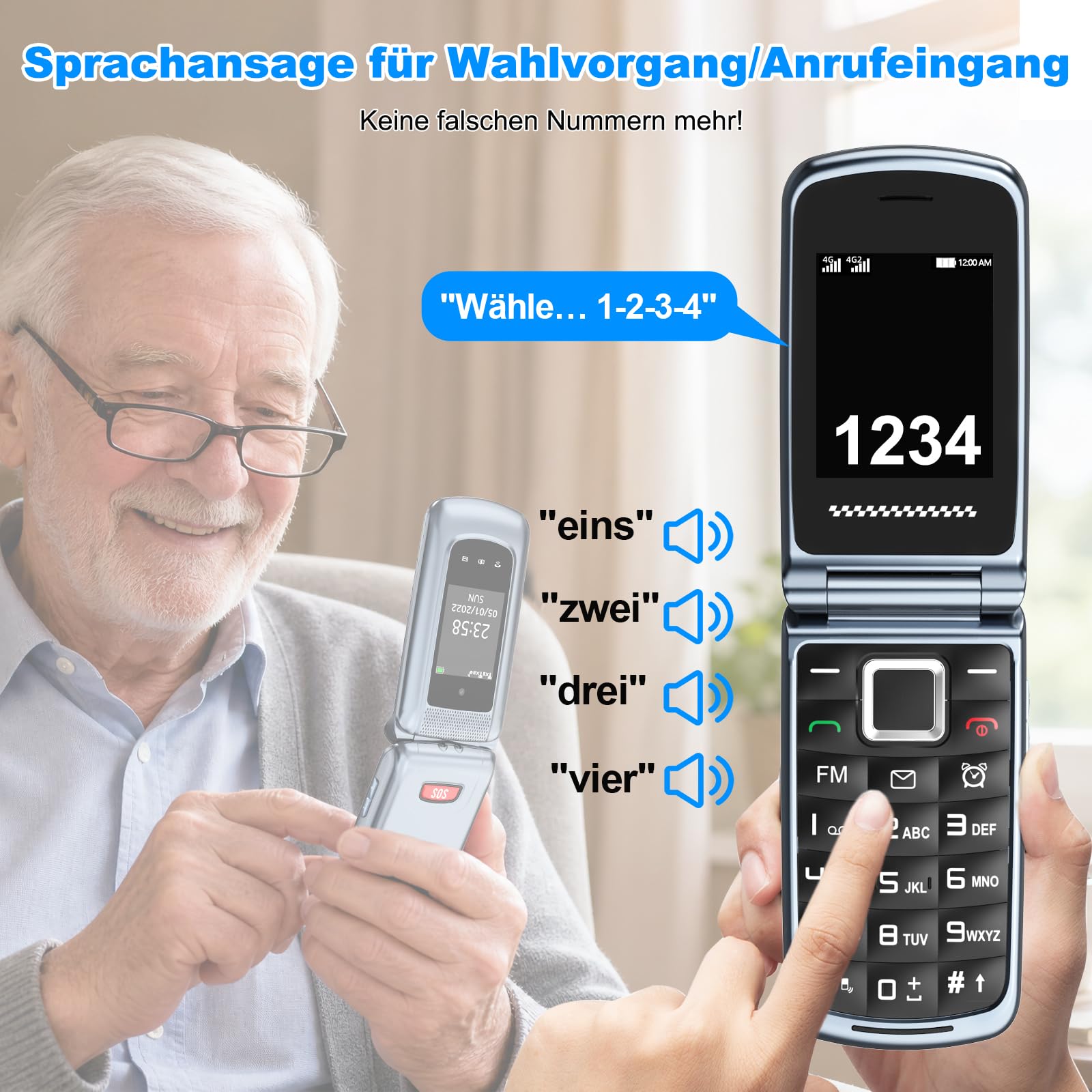 4G Seniorenhandy Klapphandy Ohne Vertrag mit Großen Tasten| Dual-SIM Rentner Handy mit Sprachansage | Ladestation | 2,4+1.77 Zoll Dual Farbdisplay| Flip Mobiltelefon mit SOS | Kurzwahl | Grau