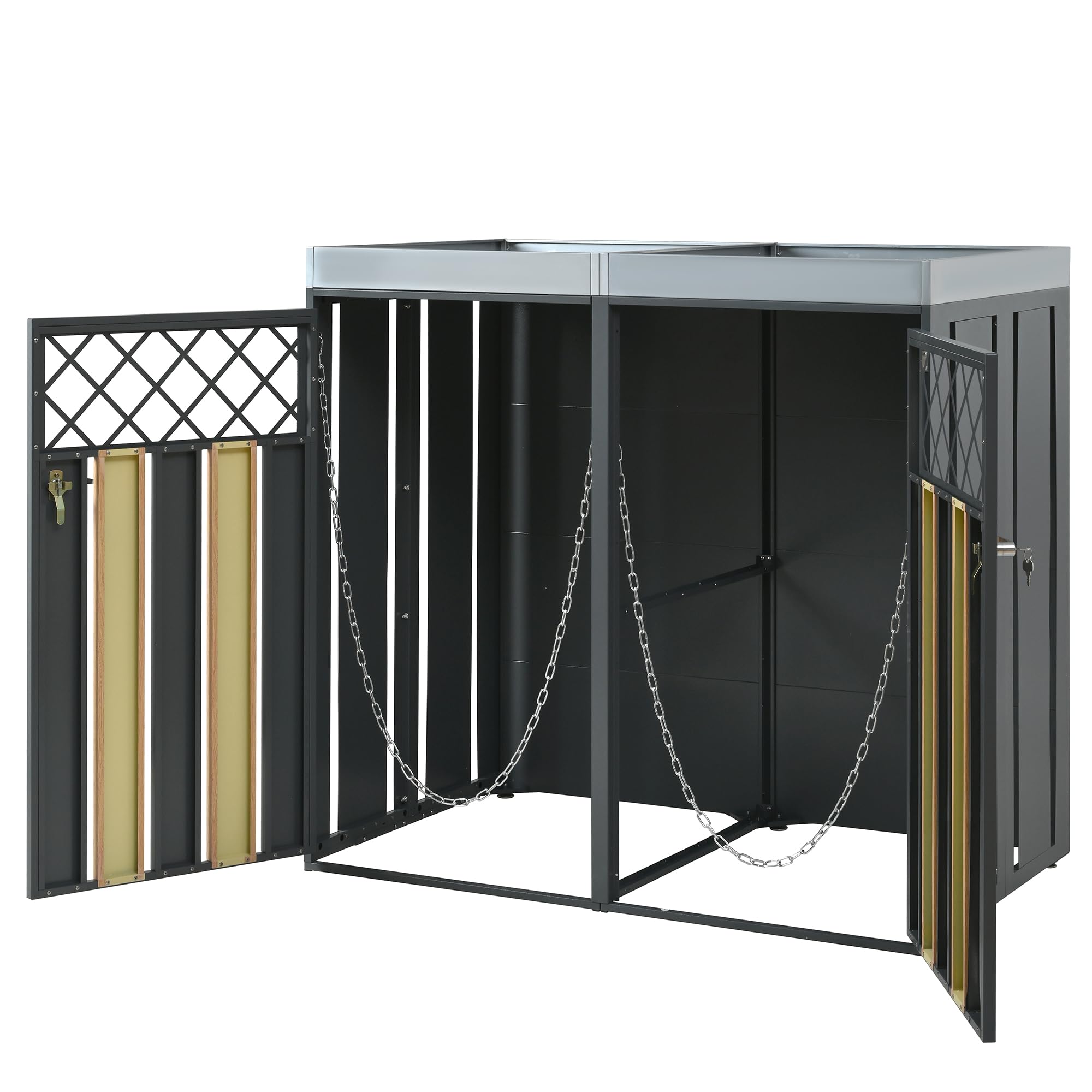 Abri pour poubelles, équipé d'ouvertures d'aération en Losange, d'un Compartiment de Rangement pour poubelles, verrouillable, à Double Porte, avec Un Espace dédié aux Plantes (1)