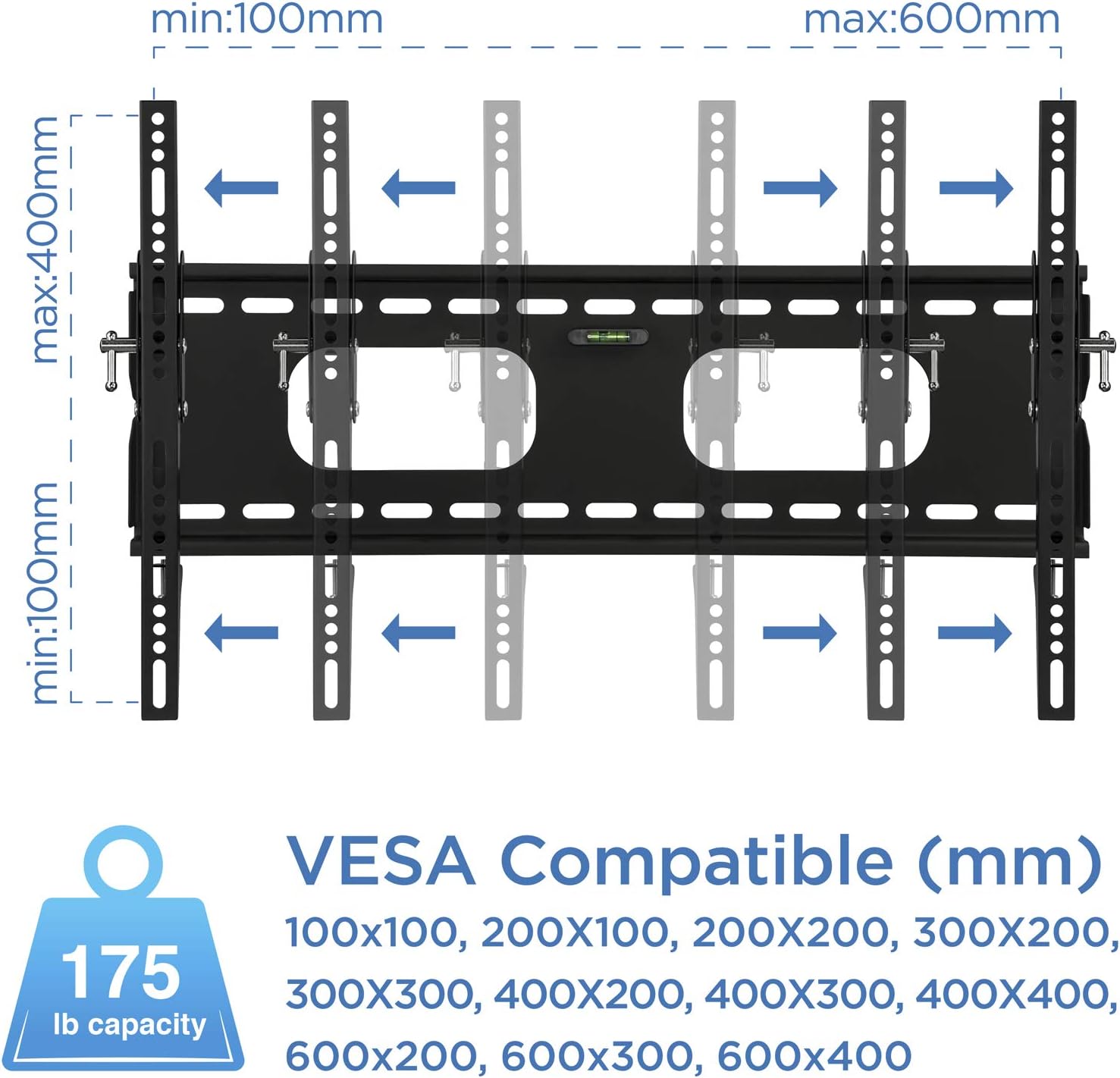 Mount-It Low-Profile Tilting TV Wall Mount Bracket for 32-60 inch LCD, LED, OLED, 4K or Plasma Flat Screen TVs - 175 lbs Capacity, 1.5 Inch Profile, Max VESA 600x400 (MI-318B), Black, 60