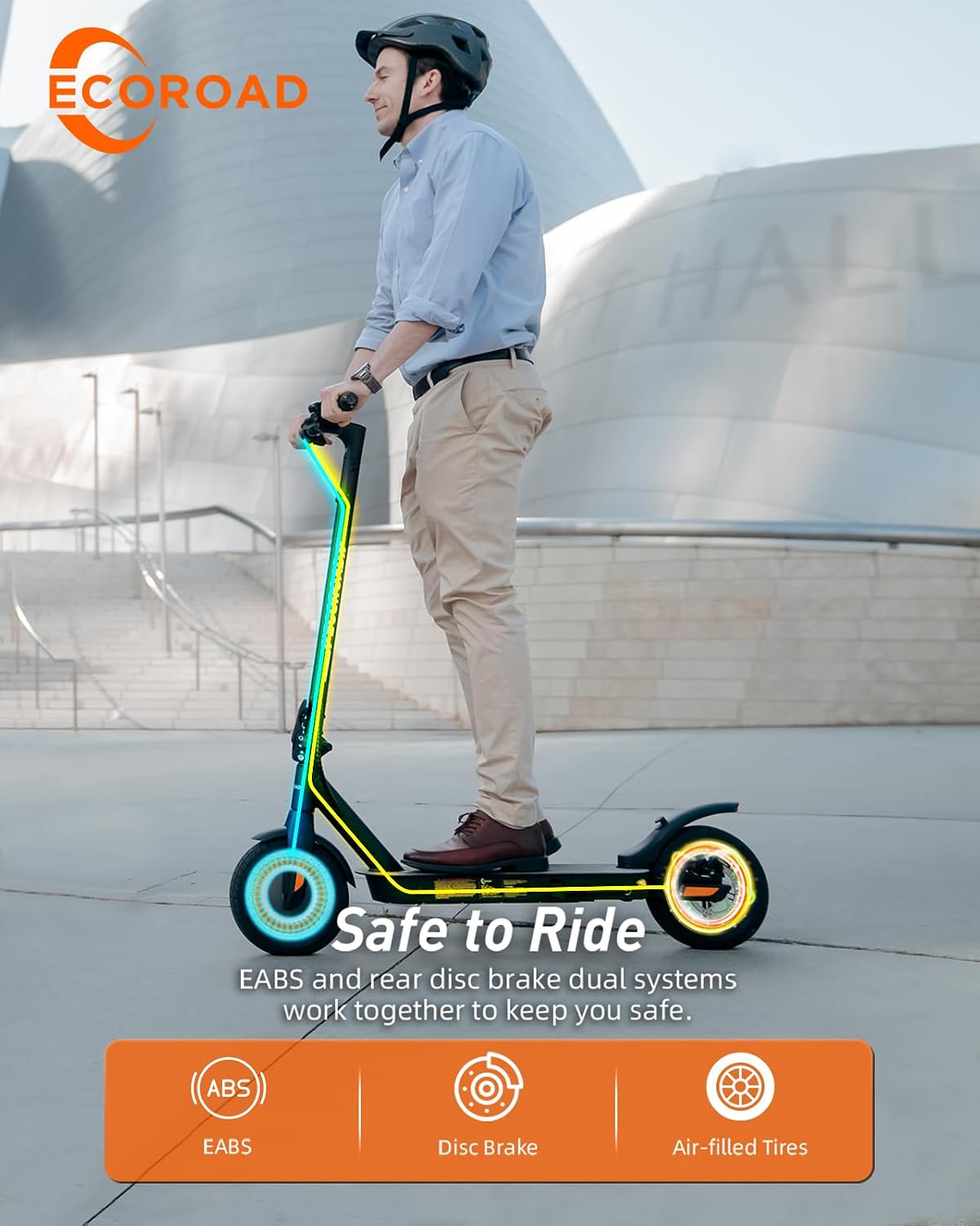 Person riding an ECOROAD EC8 scooter, with a graphic overlay highlighting the EABS and disc brake systems.