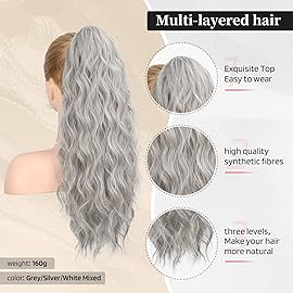 Flufymooz Ponytail Extension, 22 Inch, Curly, Grey/Silver/White Mixed, Synthetic, Heat Resistant, for Women