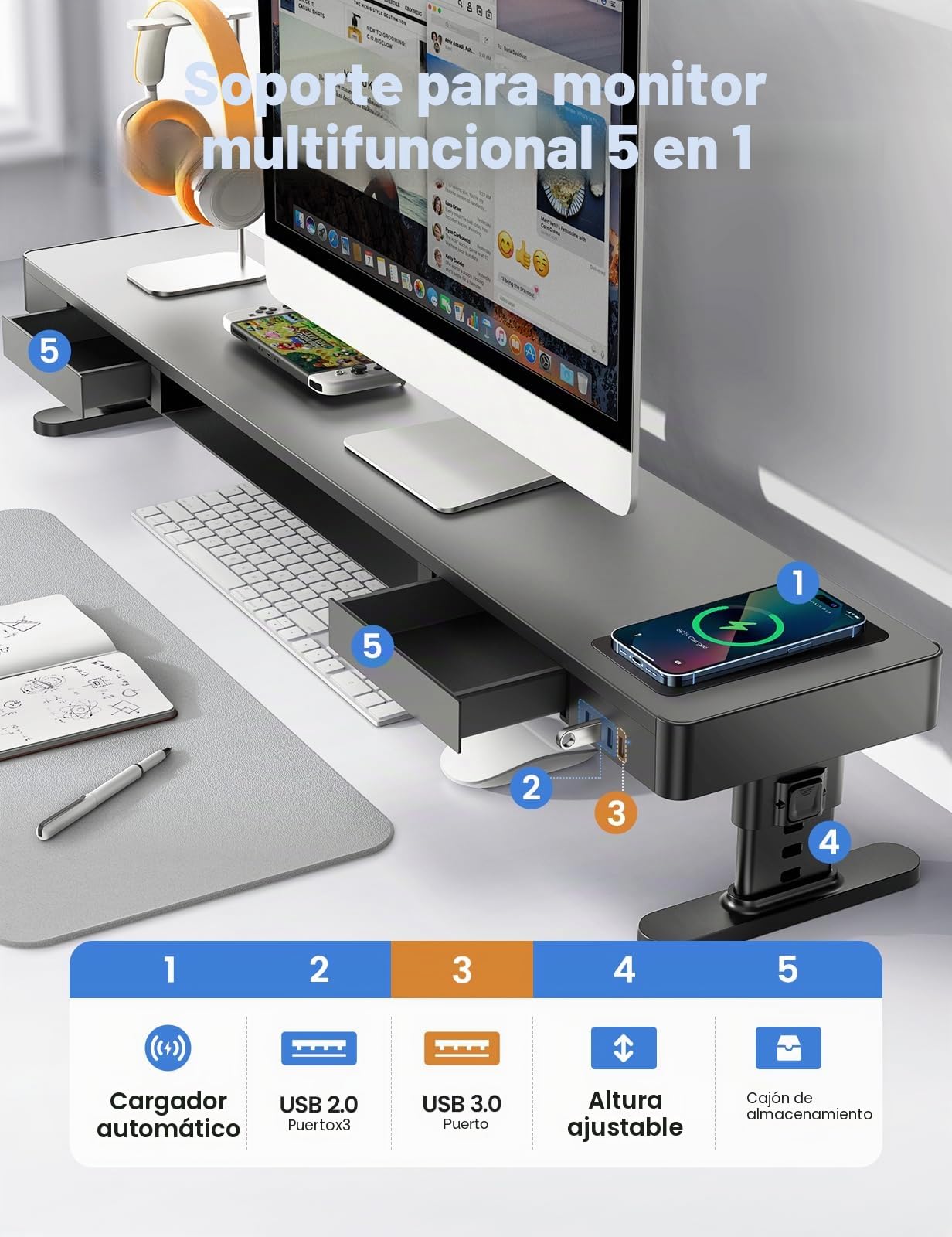 Soporte doble para monitor con 4 alturas ajustables, almohadilla de carga automática para teléfono, 4 puertos USB y elevador de computadora con cajones de almacenamiento