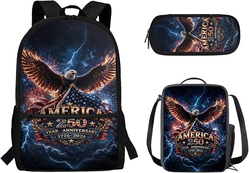 American Flag Backpack 250th Anniversary School Bag Satchel Book Organizers School Student Bag Backpack with Lunch Tote Bag Pencil Case Set Daycare Travel Daypack